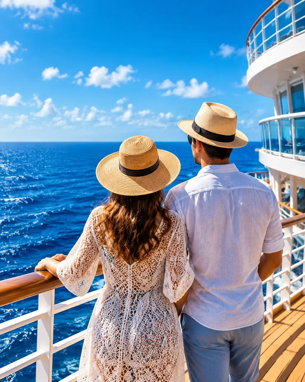 A sunlit view across the ocean from a cruise ship