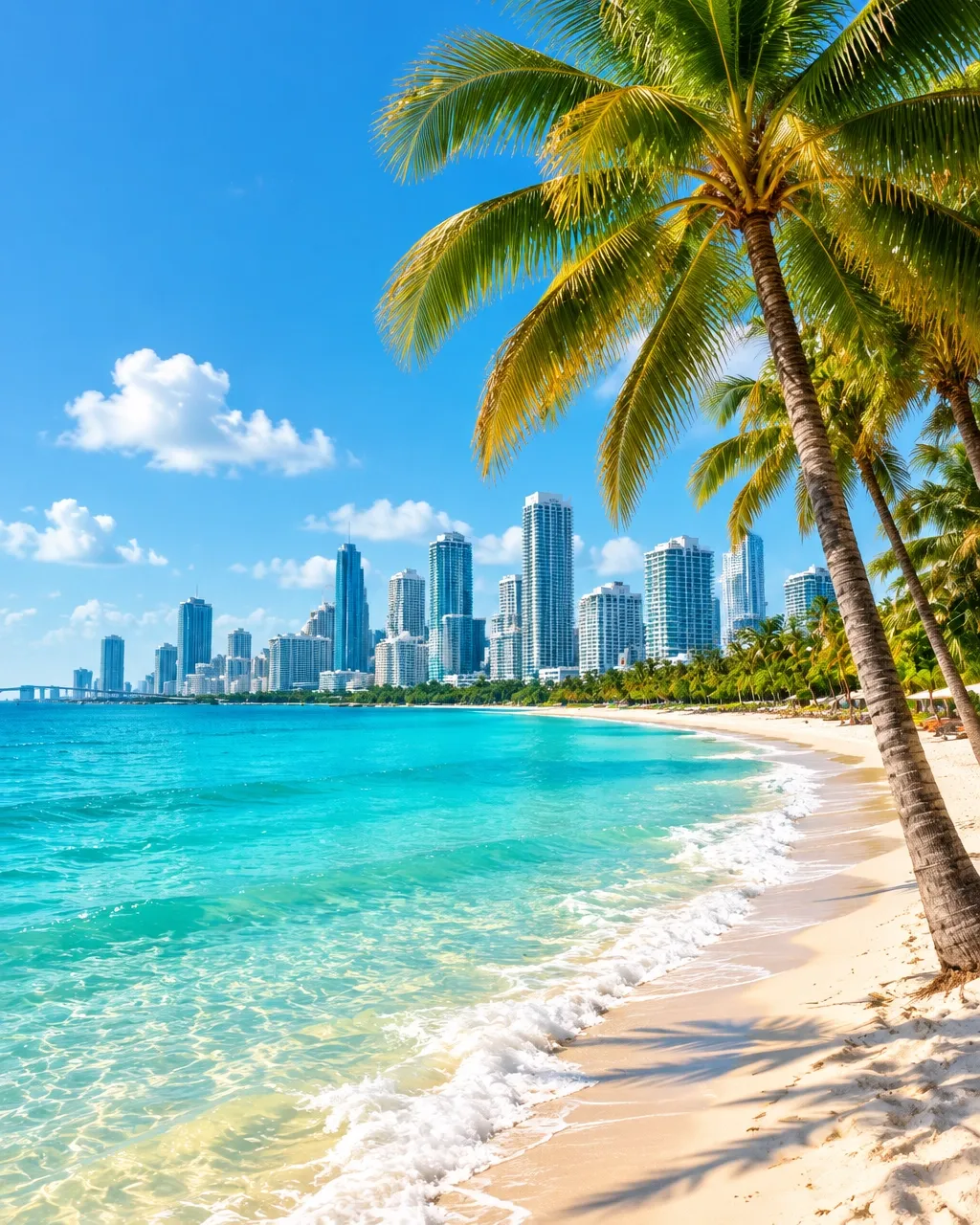 A sunny Florida beach framed by palm trees