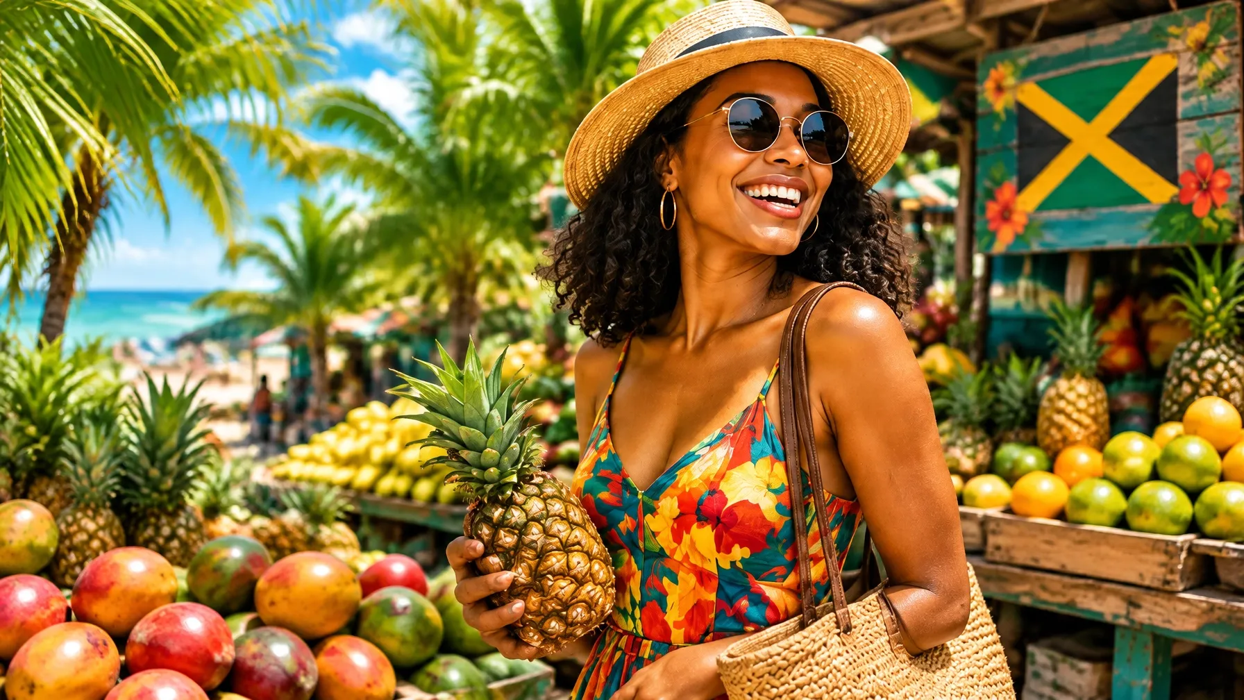 A traveler exploring a colorful Jamaican fruit market