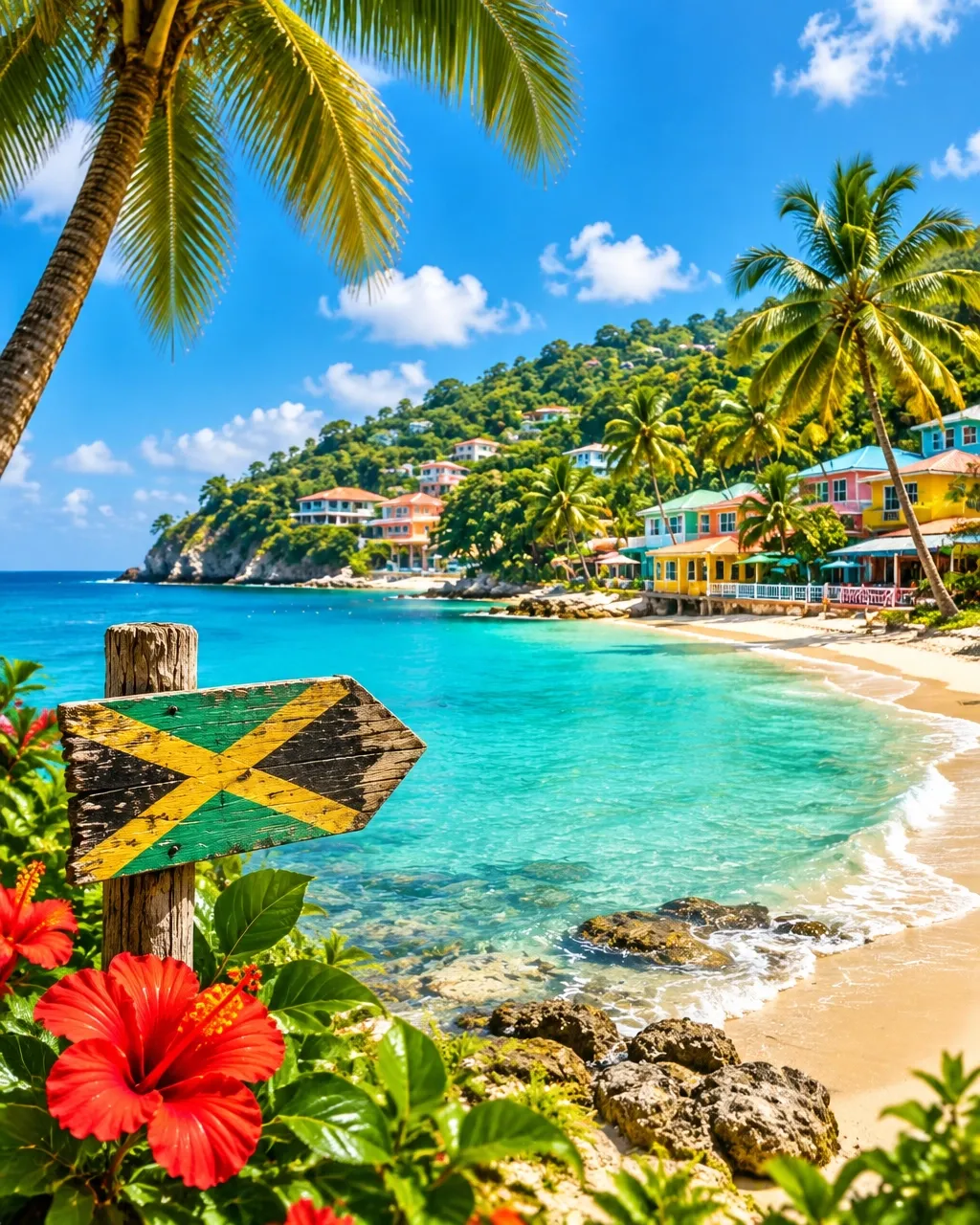 Jamaica’s tropical coast, turquoise water and green hills